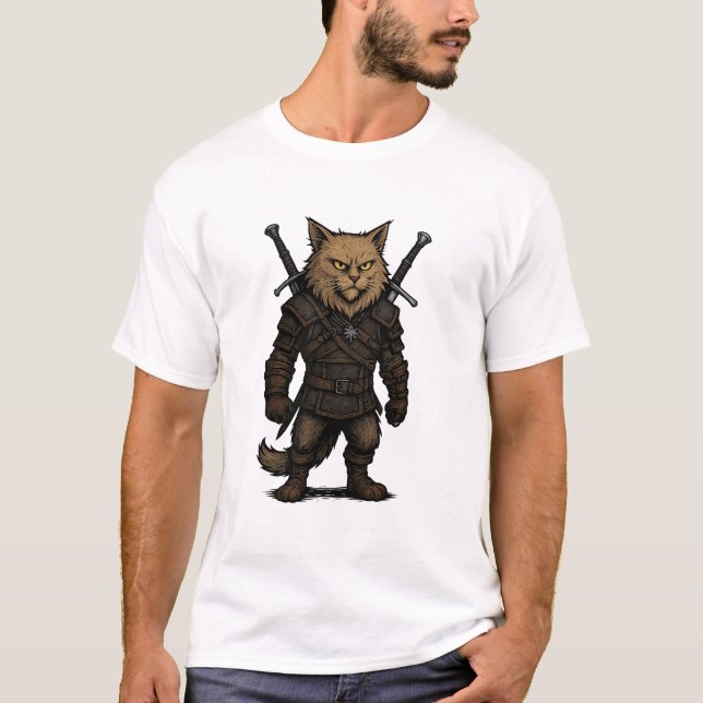 Katzen-Witcher – mittelalterlicher Fantasy-Krieger T-Shirt (Vorderseite)