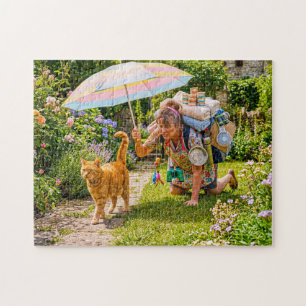 Katzenabenteuer mit überlasteter Frau Puzzle