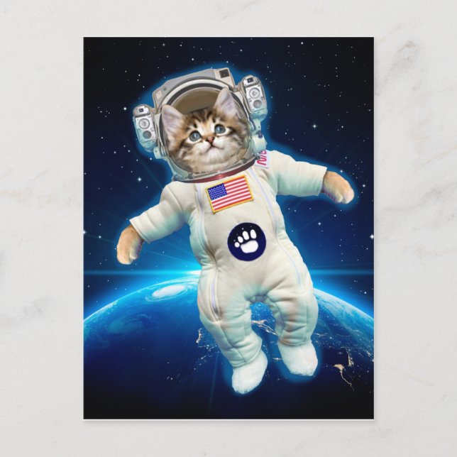 Katzenastronaut im Weltraum Postkarte (Vorderseite)