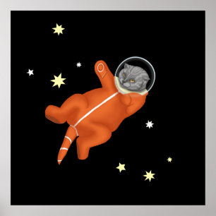 Katzenastronaut in einem orangefarbenen Raumanzug Poster