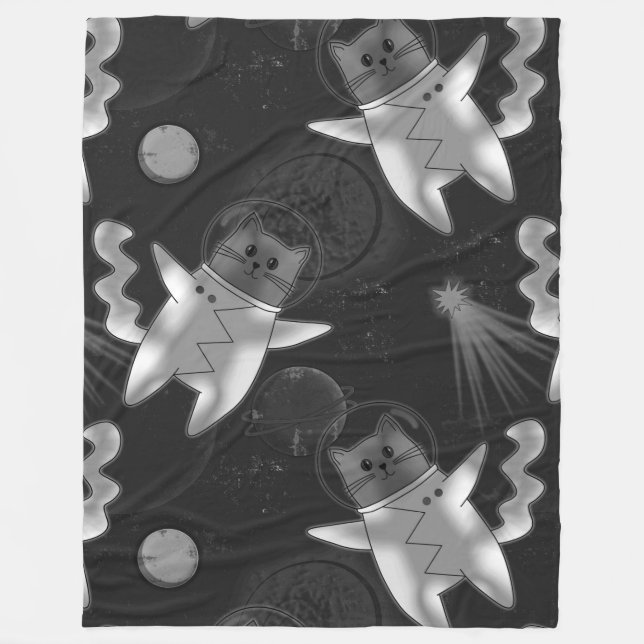 Katzenastronaut in Schwarz und Weiß. Fleecedecke (Vorderseite)