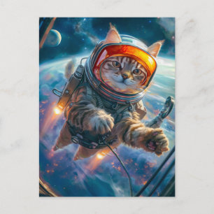 Katzenastronaut schwebt in einer tiefen Weltraumsz Feiertagspostkarte