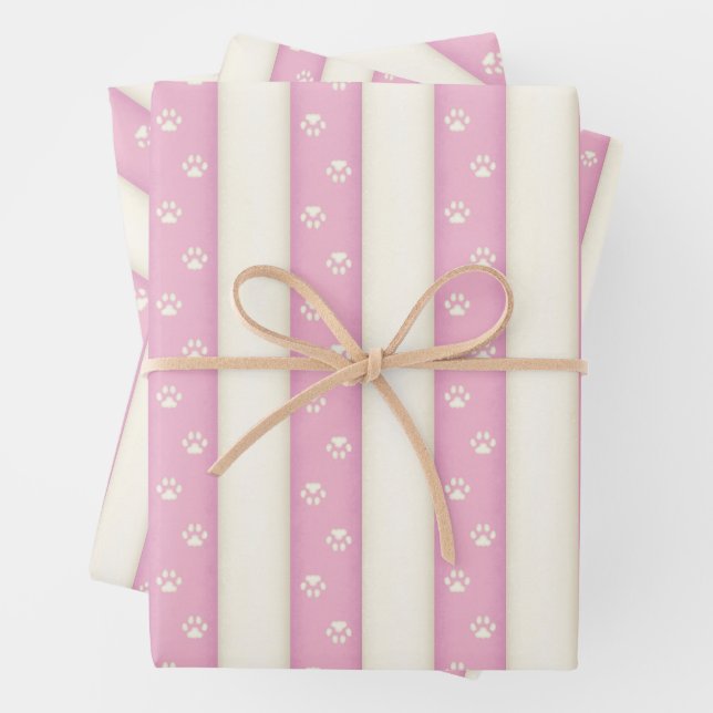 Katzenaufdruck auf rosa und antike weiße Streifen Geschenkpapier Set (Beispiel)