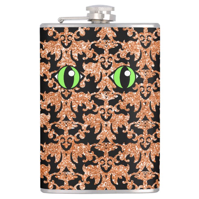 Katzenaugen, Orange Damask Vinyl Wrapped Flask Flachmann (Vorderseite)