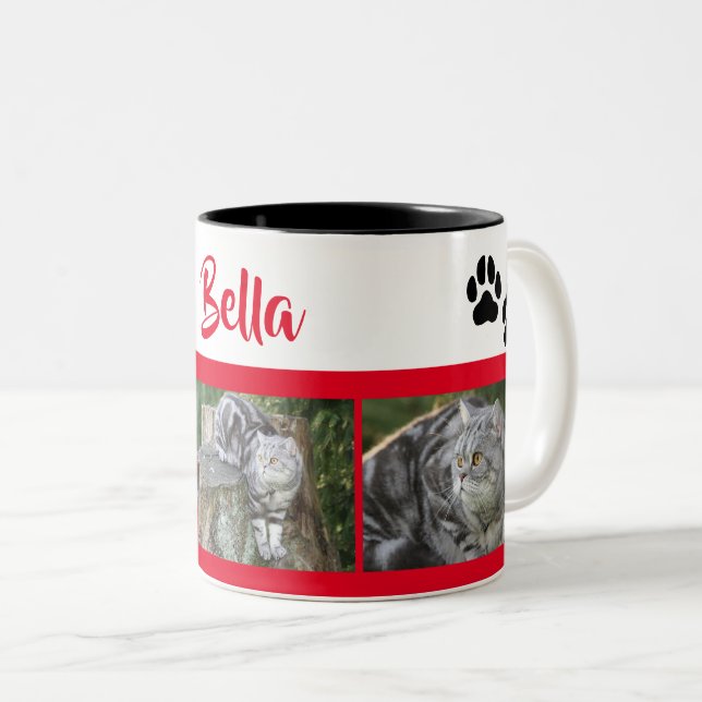 Katzenbild-Collage mit Paw-Printen Personalisiert Zweifarbige Tasse (VorderseiteRechts)