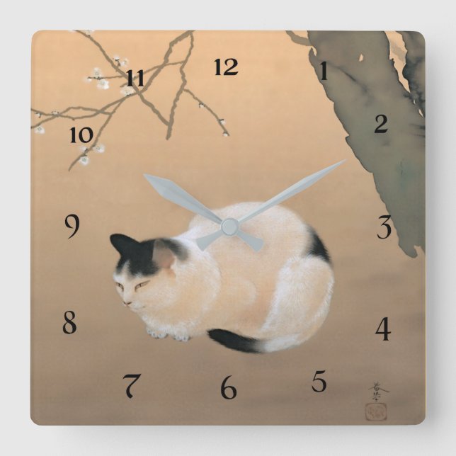 Katzenblüten von Hishida Shunso Quadratische Wanduhr (Vorderseite)