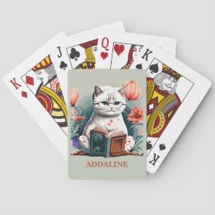 Katzenbrille liest Buch Name Spielkarten