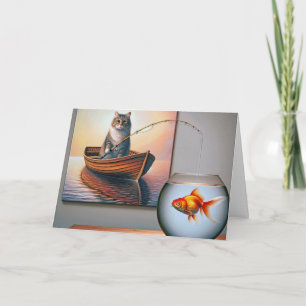 Katzenfischen am Geburtstag eines Goldfischs Karte