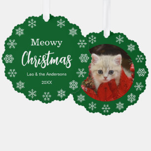 Katzenfoto Meowy Weihnachten Schneeflocken Grün Ha Ornament Karte