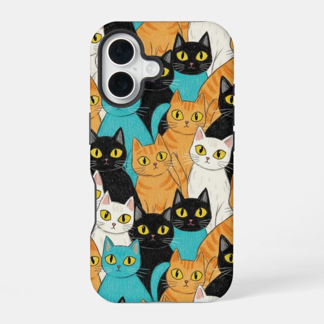 Katzengruppe mit bunter Buntstiftzeichnung iPhone 16 Hülle (Rückseite)