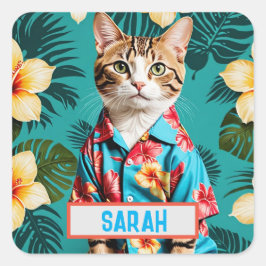 Katzenhawaiianischer Shirt-Aufkleber, Katzenliebha Quadratischer Aufkleber