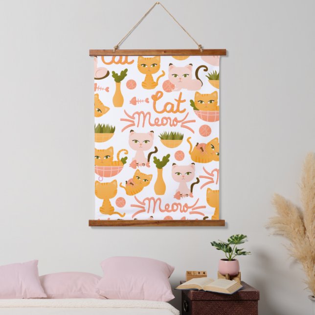 Katzenillustration Wandteppich Mit Holzrahmen (Schlafzimmer)