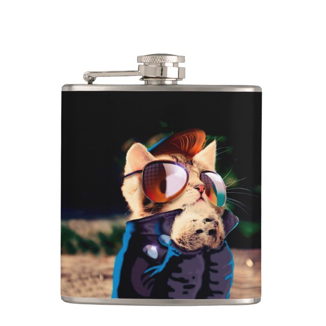 Katzenjacke in Lederjacke Flachmann (Vorderseite)