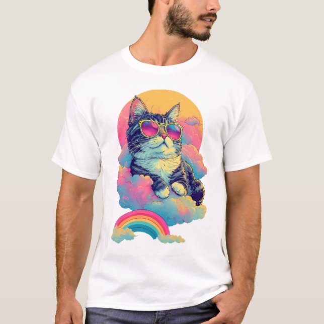 Katzenkatze Retro Kalt mit Rainbow Aura T-Shirt (Vorderseite)