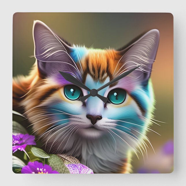 Katzenkatze und Blume Quadratische Wanduhr (Vorderseite)