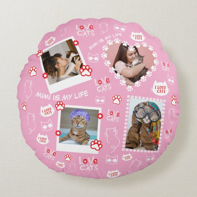 Katzenkissen mit Gesichtsnamen und Fotos Rundes Kissen (Vorderseite)