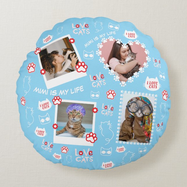 Katzenkissen mit Gesichtsnamen und Fotos Rundes Kissen (Vorderseite)