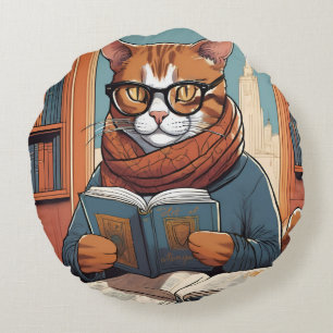 Katzenkissen. Niedlich Katze liest ein Buch. Rundes Kissen