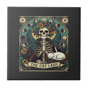 Katzenlady Halloween Skelett Blumen Mond Kompass Fliese