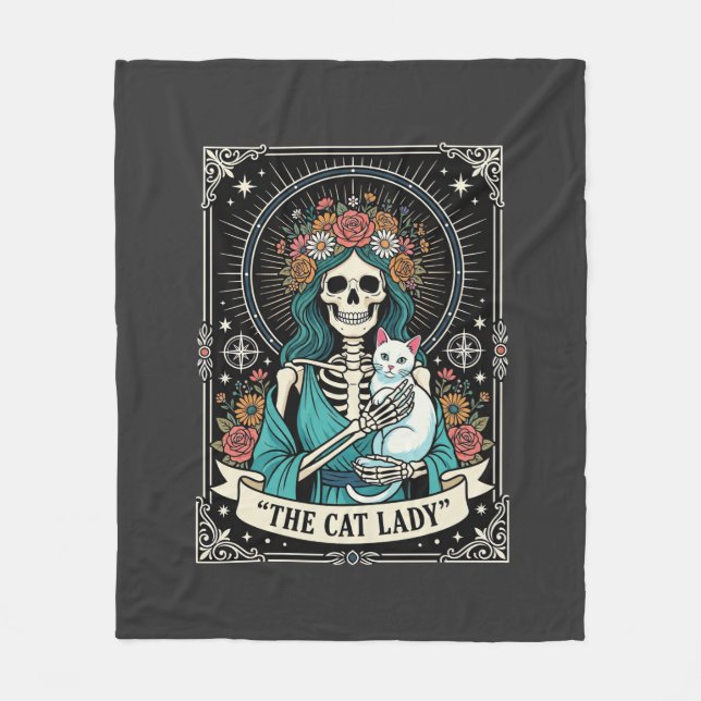Katzenlady-Skelett-Tarot-Blumen-Gotisch Fleecedecke (Vorderseite)