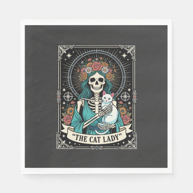 Katzenlady-Skelett-Tarot-Blumen-Gotisch Serviette (Vorderseite)