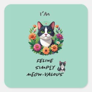 Katzenliebhaber floral Tuxedo-Katze Quadratischer Aufkleber