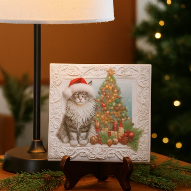 Katzenliebhaber geprägte Weihnachtsfeiertage Fliese (Festive ceramic tile with Santa cat and tree perfect for holiday desks, gifts, and cozy décor.)