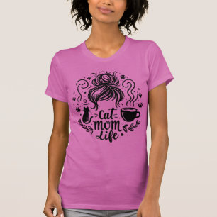 Katzenmama-Leben-Unordentlicher-Bun-Coffee-und-Kat T-Shirt