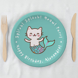 Katzenmeerjungfrau Blaue Mädchen-Geburtstag Purrma Pappteller