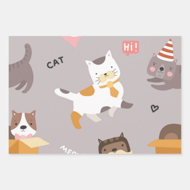 Katzenmuster Geschenkpapier Set (Vorderseite)