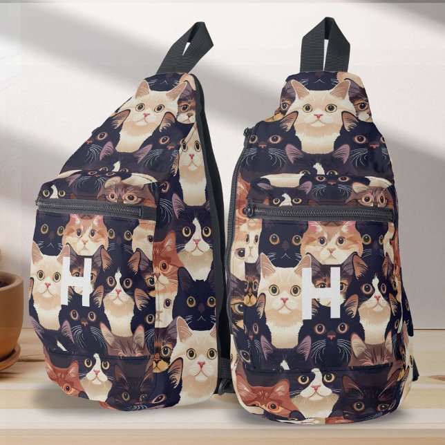 Katzenmuster, modern, monogramm, Katze Crossbody Bag (Cute cat pattern, monogram med cat sling bag.)