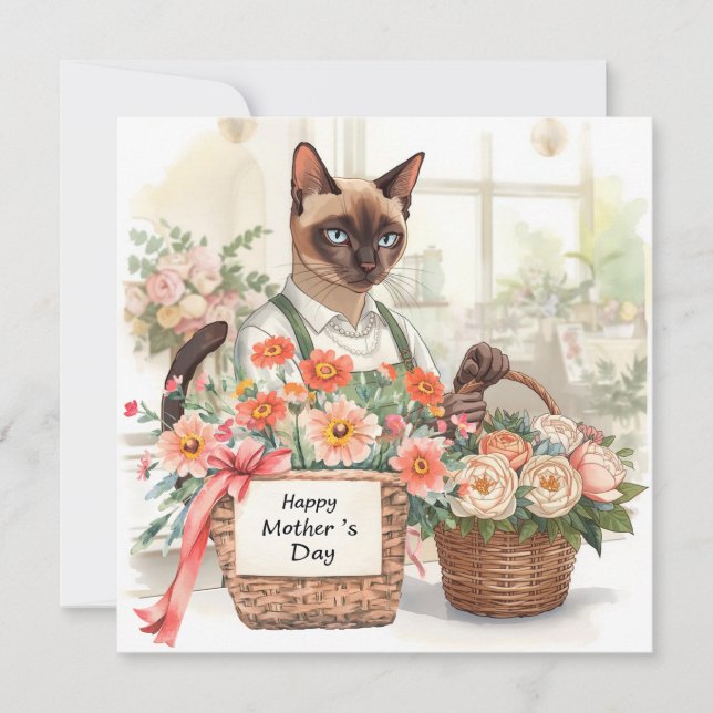 Katzenmutter arrangiert Blumen zum Muttertag  Feiertagskarte (Vorderseite)