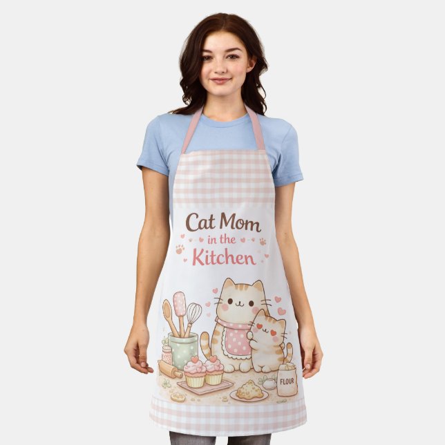 Katzenmutter in der Küche Kawaii Pastell Gingham R Schürze (Getragen)