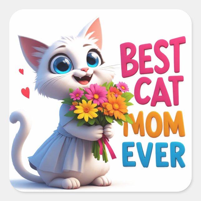 Katzenmutter Liebe Mit Blumen Und Herzen 🐱 Quadratischer Aufkleber (Vorderseite)