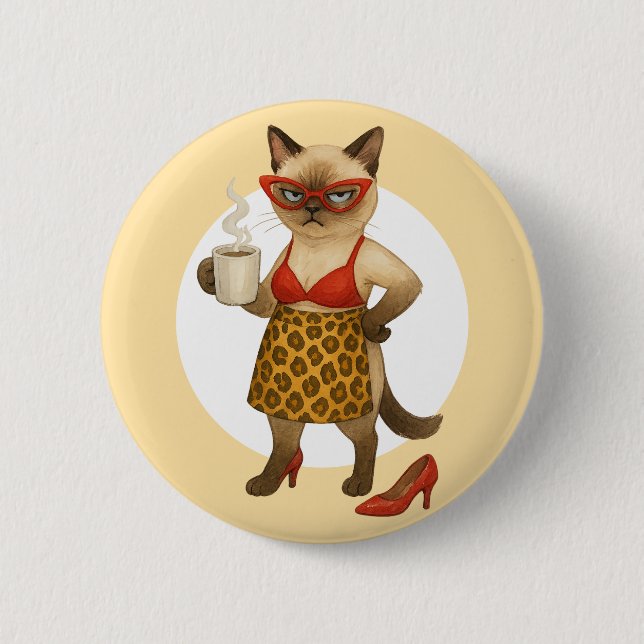 Katzenmutter trinkt Kaffee  Button (Vorderseite)