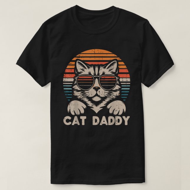 Katzenpapi Sonnenbrille Sonnenuntergang Retro Papa T-Shirt (Design vorne)
