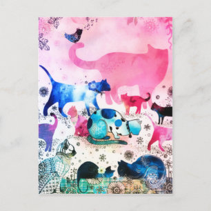 Katzenparty-Haus Glitter Kunst Pink Aquarell Feiertagspostkarte