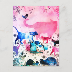 Katzenparty-Haus Glitter-Kunst Rosa Aquarell Feiertagspostkarte