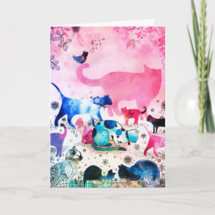 Katzenparty-Haus Glitter-Kunst Rosa Aquarell Karte