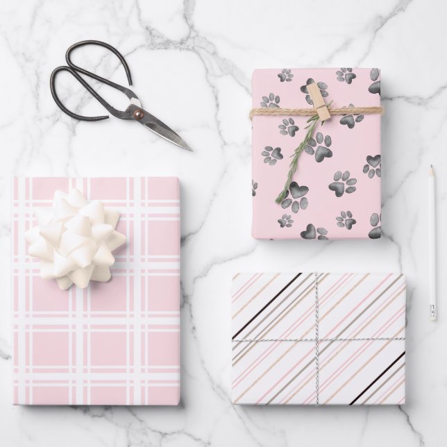 Katzenpflaster auf Rosa, Streifen und Plate Geschenkpapier Set (Vorderseite)