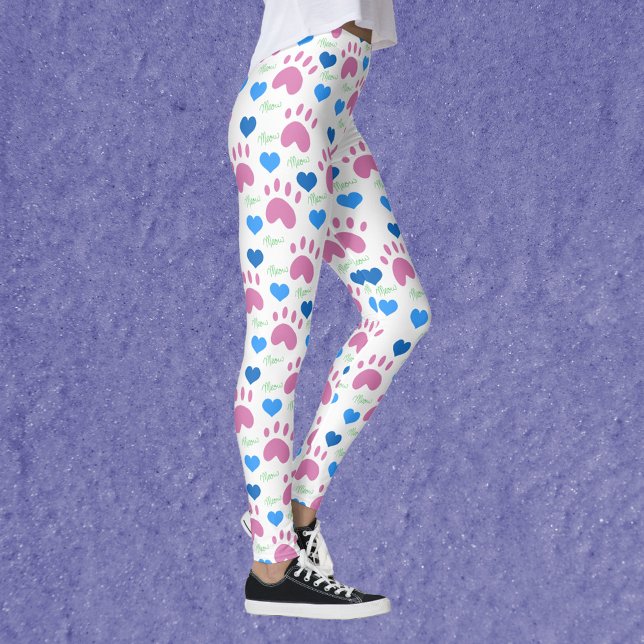 Katzenpfoten Herzen Miauen Rosa Blau Grün Muster Leggings (Leggings with a pattern of pink cat paws, blue hearts and green meows.)
