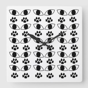 Katzenpfotenabdruck Schwarz und Weiß    Quadratische Wanduhr