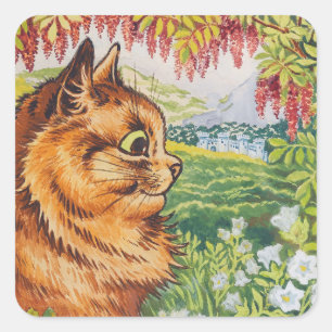 Katzenprofil Florales Vintage Art von Louis Wain Quadratischer Aufkleber