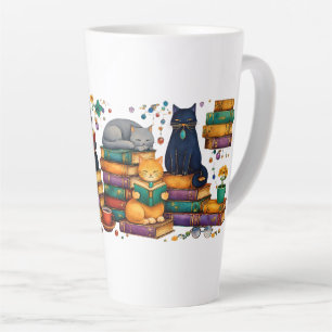 Katzenszene beim Lesen von Büchern in einer gemütl Milchtasse