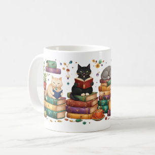 Katzenszene in einer gemütlichen Bibliothek beim B Kaffeetasse
