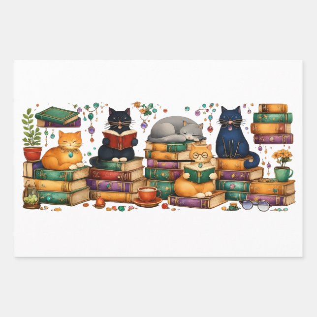 Katzenszene in gemütlicher Bibliothek beim Bücherl Geschenkpapier Set (Vorderseite 3)