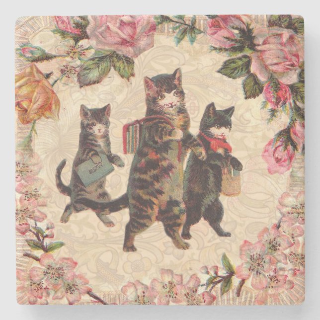 KatzenVintage Hübsche antike Kätzchen Steinuntersetzer (Vorderseite)