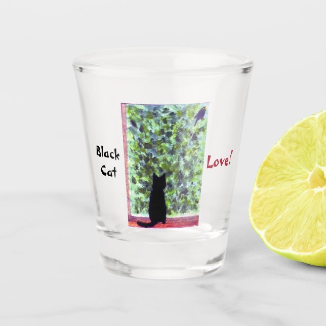 Katzenvogel, die die Liebe der Katzenjacke beobach Schnapsglas (Vorderseite)