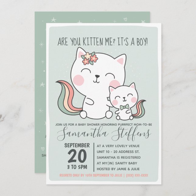 Kätzst du mich Niedlich Green Cat Boy Baby Dusche? Einladung (Vorne/Hinten)