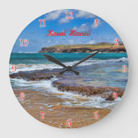 Kauai Beach Round Clock mit roten Zahlen